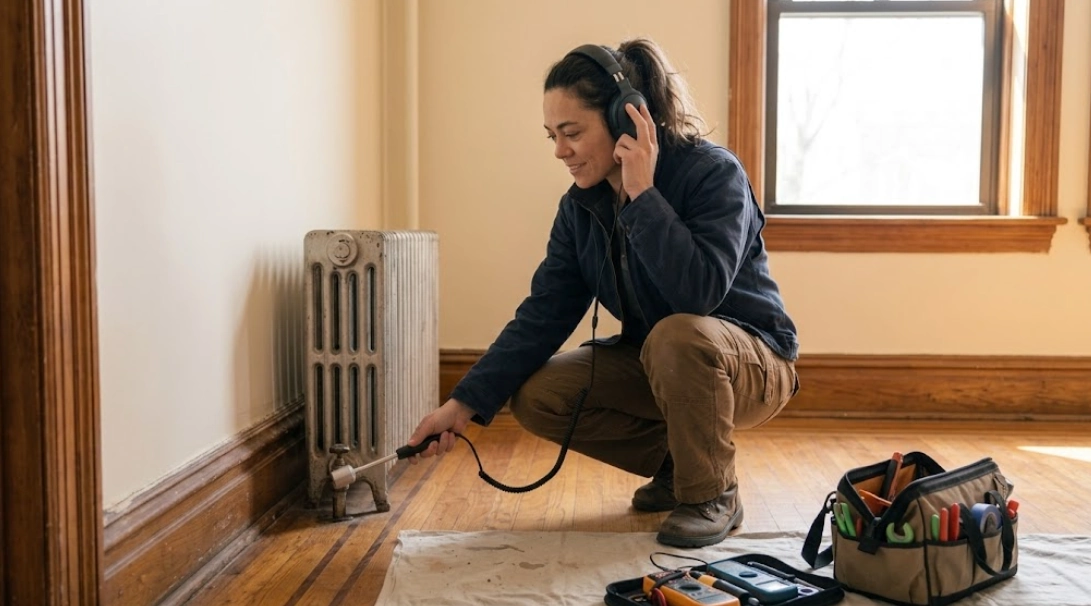 Plumbing technician utilizing digital acoustic sensor and electronic moisture diagnostic probe to locate hidden pipe leak behind an interior wall