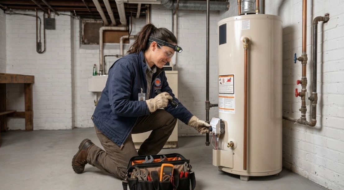 Licensed plumber testing temperature and pressure relief valve and electronic controls on a residential water heater